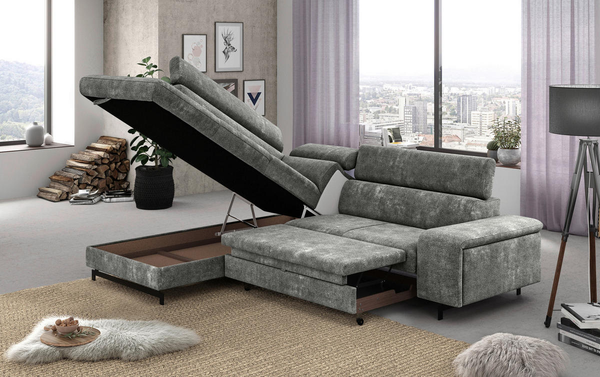 ECKSOFA in Chenille Grau  - Schwarz/Grau, Textil/Metall (215/262cm) - MID.YOU