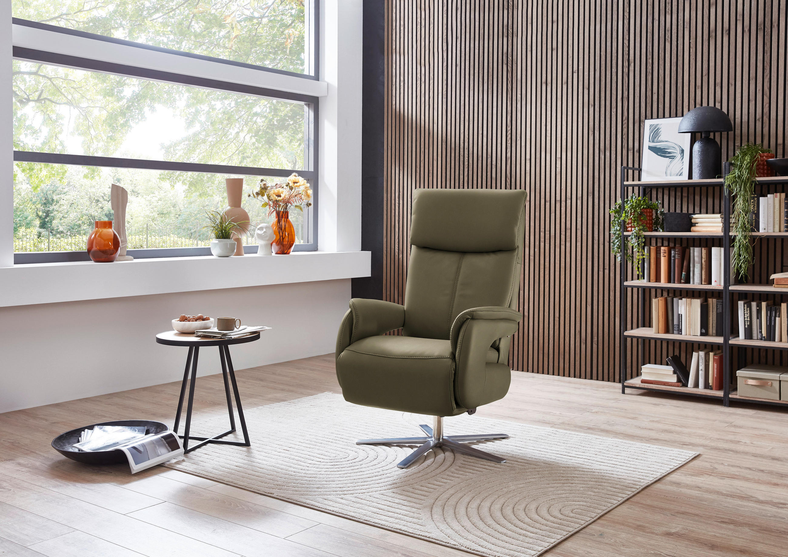 RELAXSESSEL in Leder Olivgrün  - Edelstahlfarben/Olivgrün, Design, Leder/Metall (70/124/85cm) - Cantus