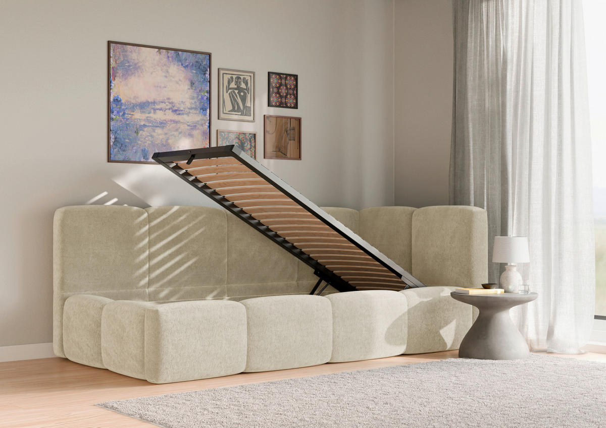 POLSTERBETT 90/200 cm,  in Beige, Lattenrost, Bettkasten,  - Beige/Schwarz, Design, Holz/Textil (90/200cm) - Chameo