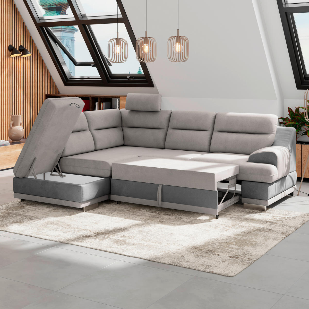 WOHNLANDSCHAFT in Velours Grau, Hellgrau  - Chromfarben/Hellgrau, Konventionell, Textil/Metall (217/264cm) - MID.YOU