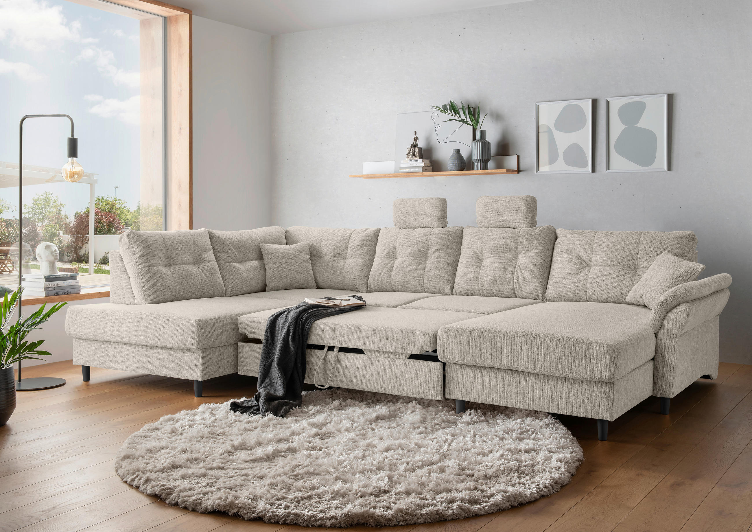 WOHNLANDSCHAFT in Chenille Beige  - Beige/Schwarz, Modern, Holz/Textil (206/338/176cm) - Livetastic