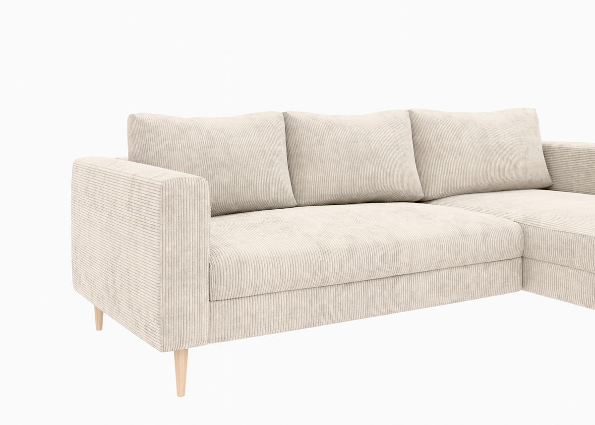 ECKSCHLAFSOFA  mit Rücken echt, Armteil links, Armteil rechts Cord Creme  - Buchefarben/Creme, MODERN, Holz/Textil (232/161cm) - Trendmanufaktur