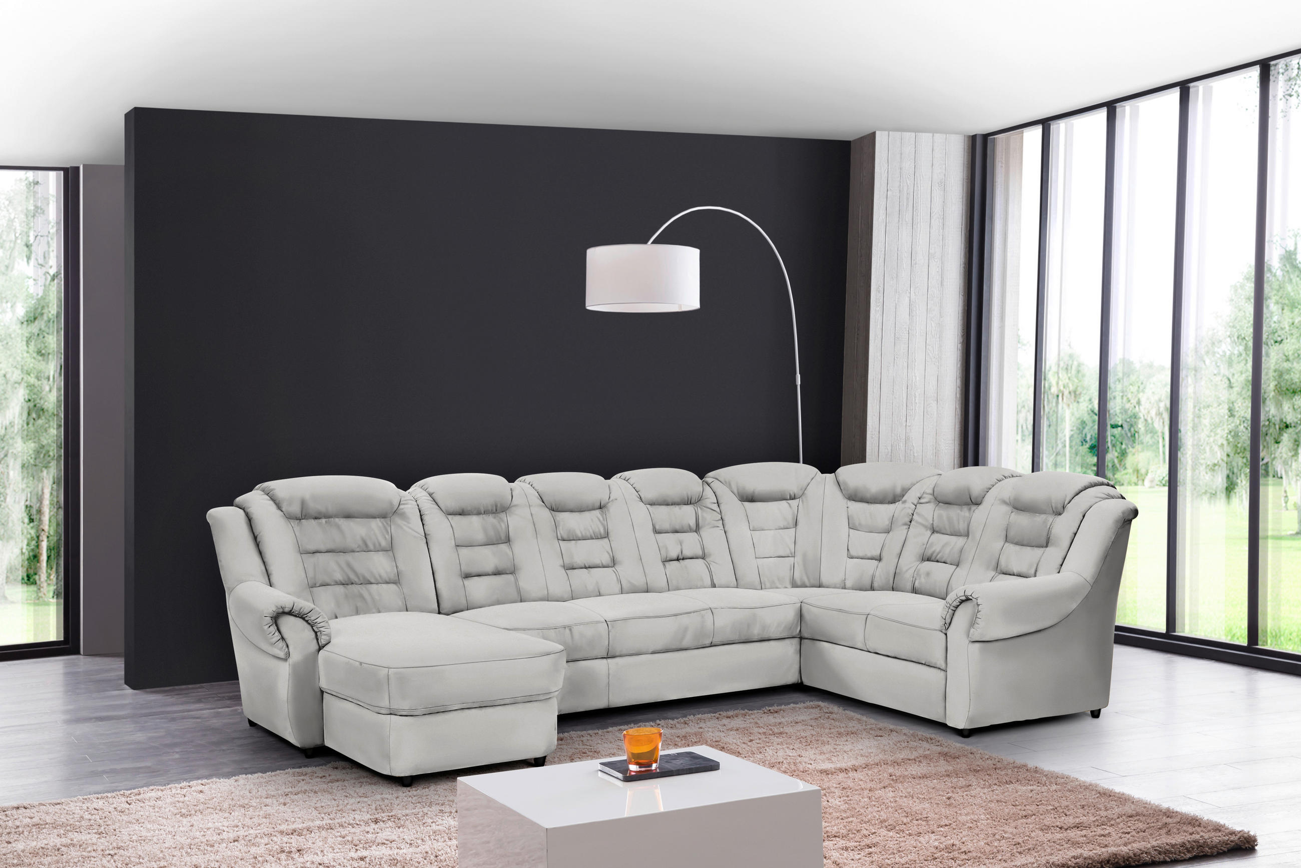WOHNLANDSCHAFT in Lederlook Hellgrau  - Hellgrau/Schwarz, Konventionell, Kunststoff/Textil (165/333/216cm) - Livetastic