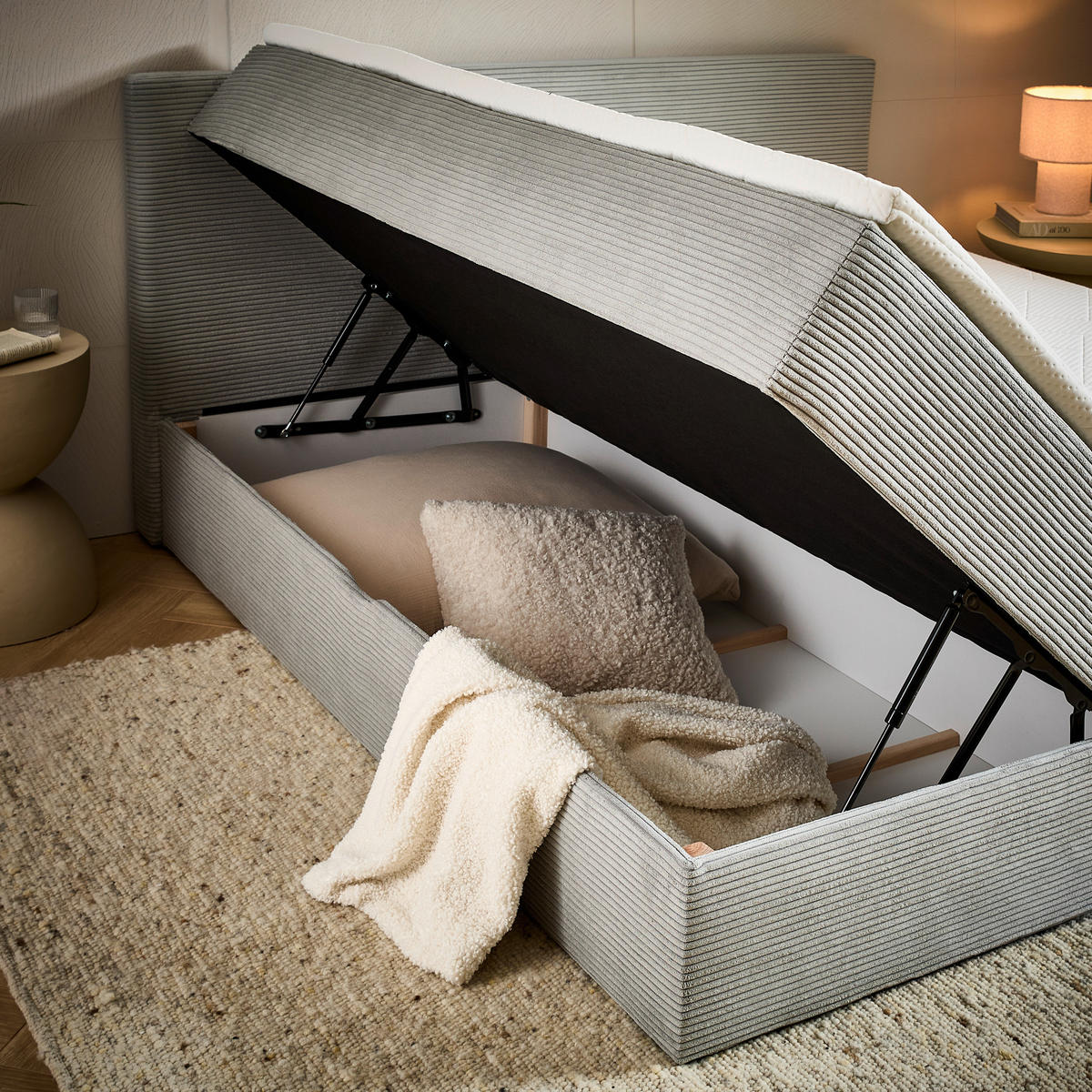 BOXBETT 180/200 cm,  in Hellgrau, Kissen, Bettkasten, Topper, H3 + H3 = fest  - Hellgrau/Schwarz, Design, Kunststoff/Textil (180/200cm) - Chameo