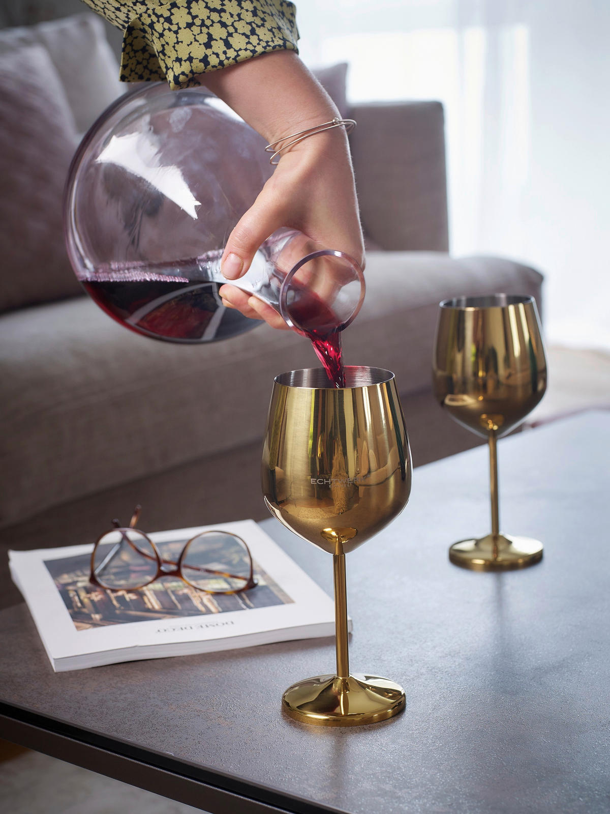 WEINGLAS 500 ml 2-teilig  - Goldfarben, Basics, Metall (9,3/4,5/21cm) - Echtwerk