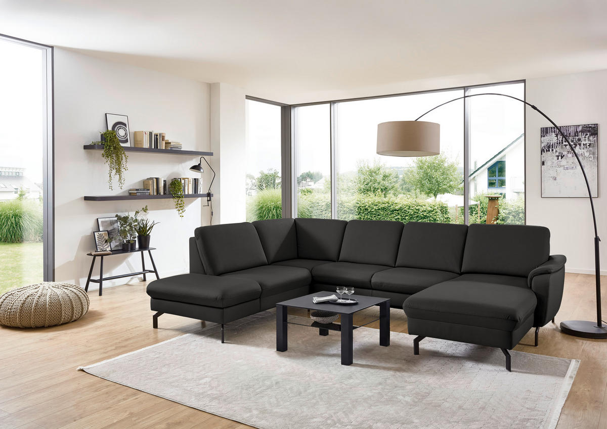 WOHNLANDSCHAFT Echtleder Dunkelgrau  - Dunkelgrau/Schwarz, Konventionell, Leder/Metall (224/306/168cm) - Beldomo Premium