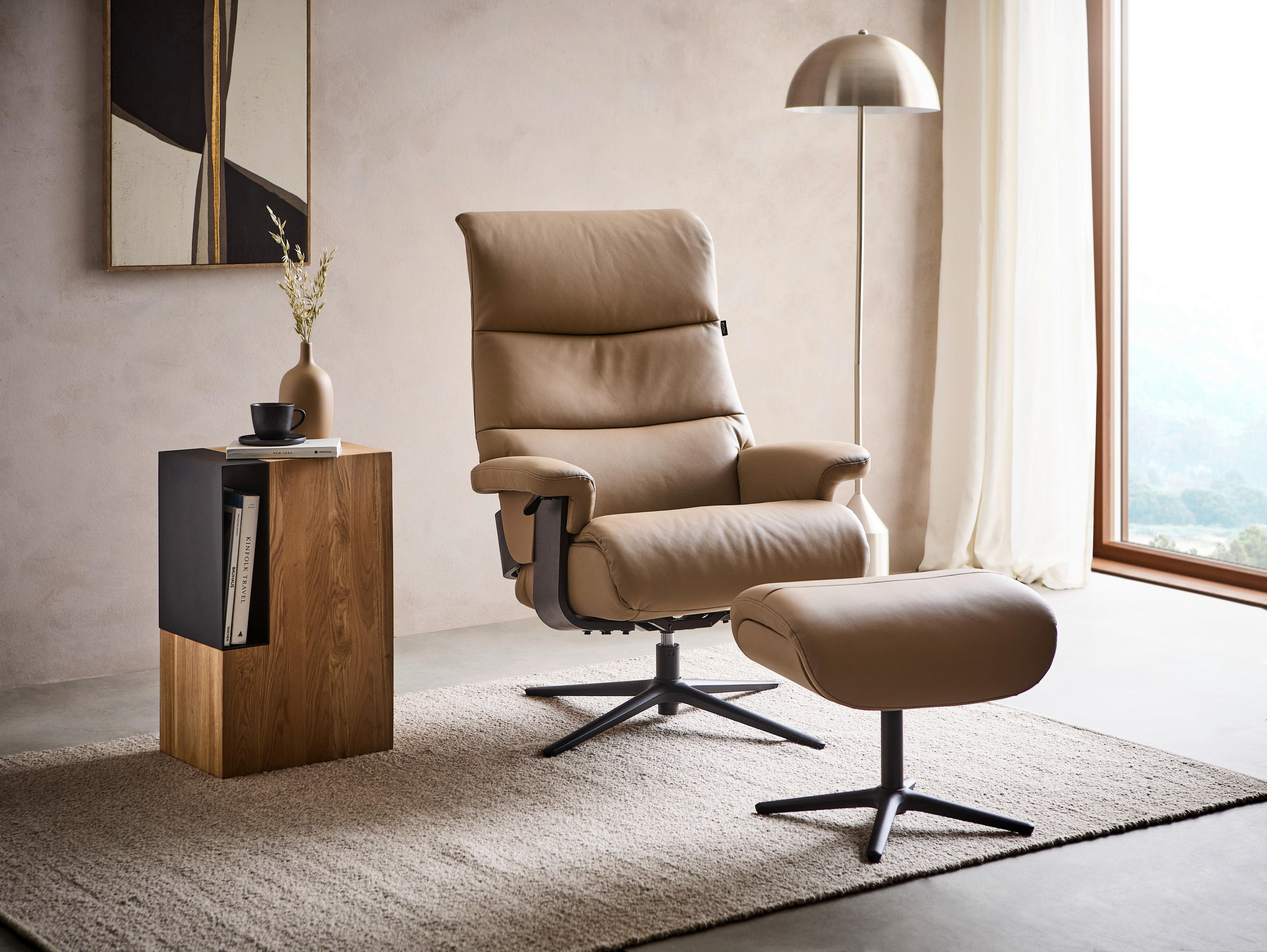RELAXSESSELSET Lederlook Kombination Echtleder/Lederlook Relaxfunktion, Hocker    - Taupe/Schwarz, Design, Leder/Textil (78/111/81cm) - Xora