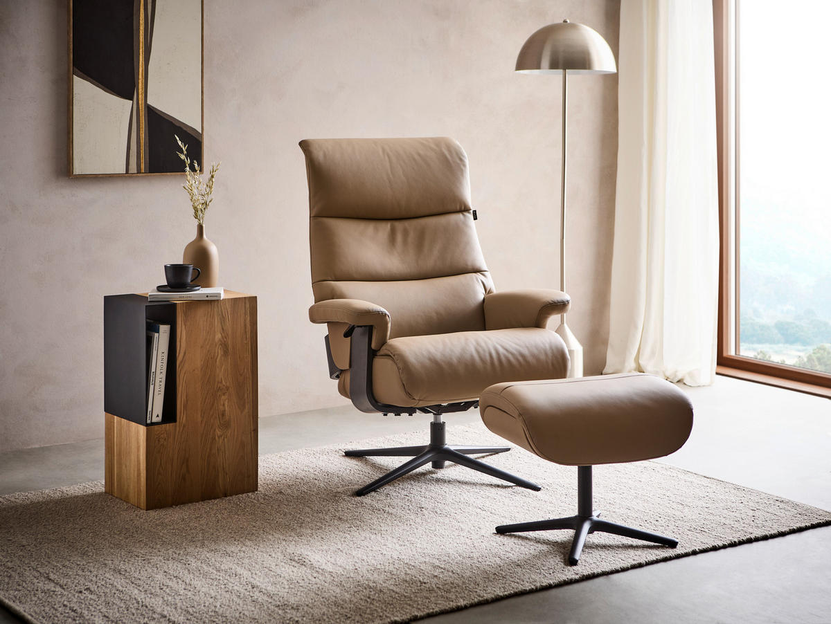 RELAXSESSELSET Lederlook Kombination Echtleder/Lederlook Relaxfunktion, Hocker    - Taupe/Schwarz, Design, Leder/Textil (78/111/81cm) - Xora