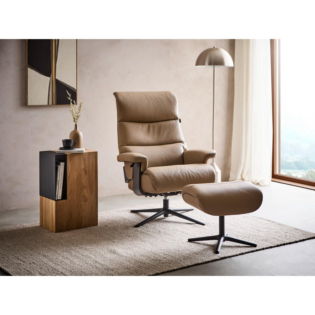 Xora RELAXAČNÍ KŘESLO S TABURETEM, kov, textil, kůže, černá, šedohnědá