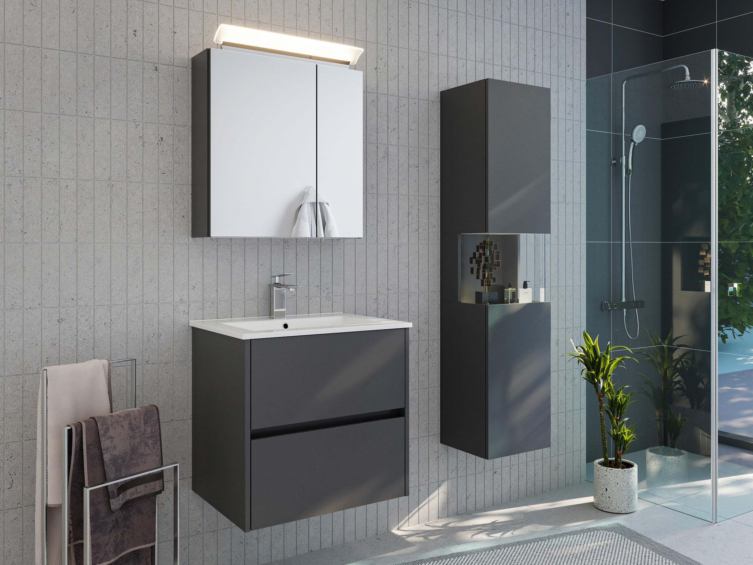 BADEZIMMER 3-teilig  in 60 cm  - Graphitfarben/Weiß, Basics, Keramik/Holzwerkstoff (60cm) - MID.YOU