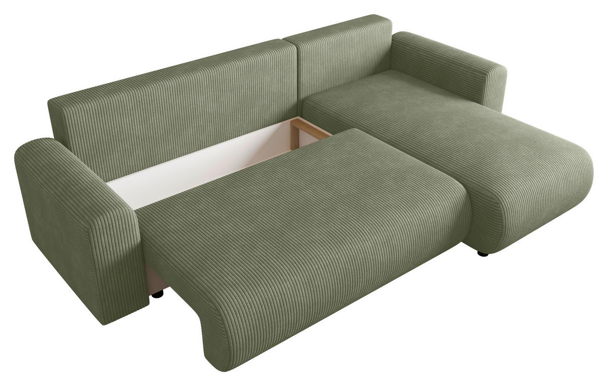 ECKSOFA Grün Cord Zierkissen, Rückenkissen, Schlaffunktion, Rücken echt, Stauraum, Liegefläche im Originalstoff  - Schwarz/Grün, KONVENTIONELL, Kunststoff/Textil (246/152cm) - Xora