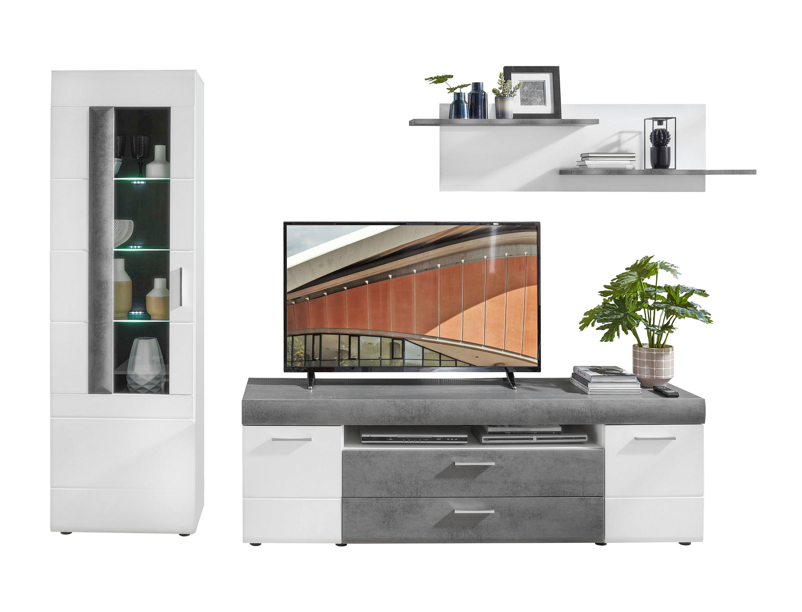 Set Mobila Living, gri, alb, 290/194/45 cm - argintiu/alb, Design, plastic/sticlă (290/194/45cm) - Xora