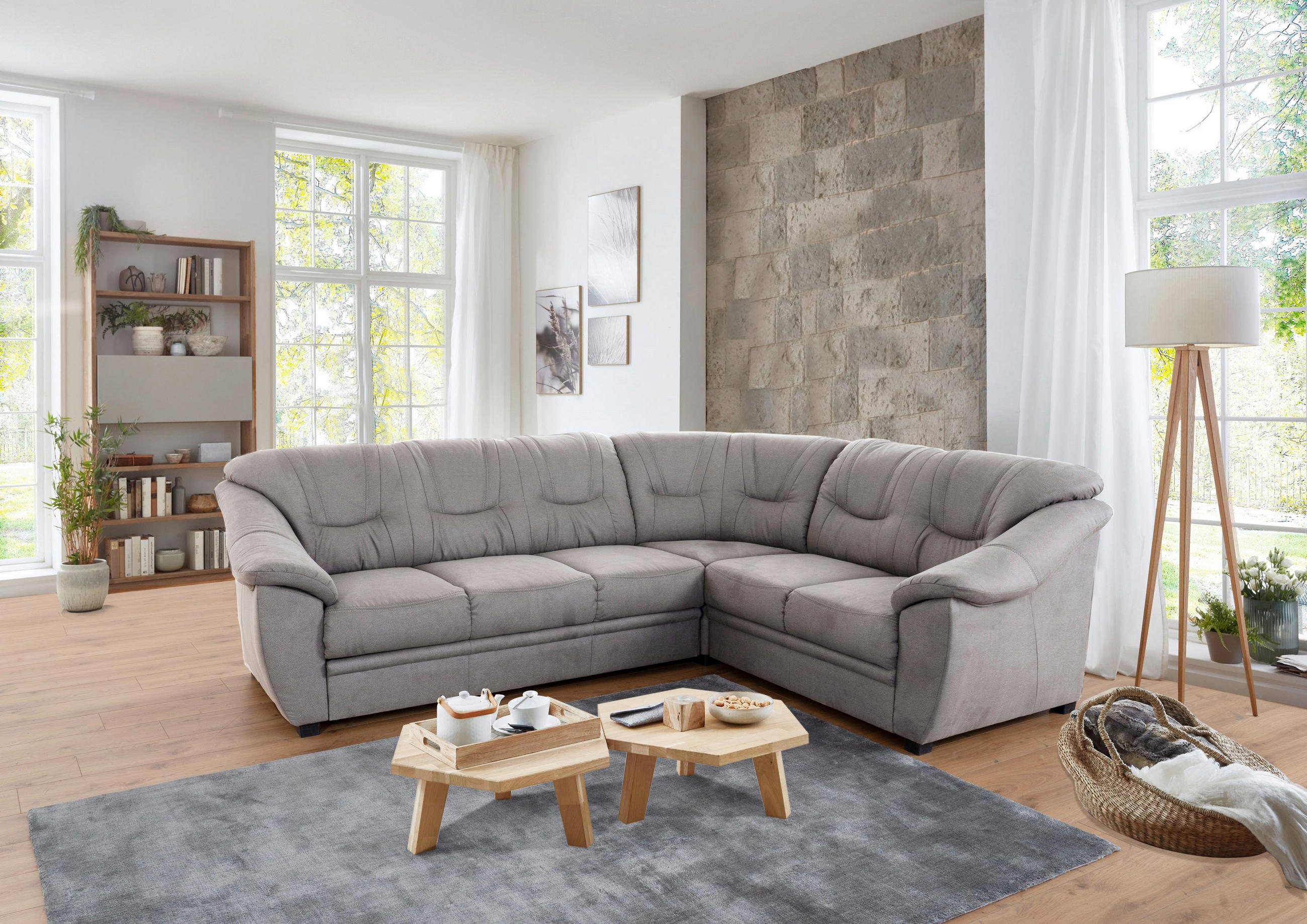 ECKSOFA in Flachgewebe Hellgrau  264/215 cm  - Hellgrau/Schwarz, KONVENTIONELL, Kunststoff/Textil (264/215cm) - Sit & More