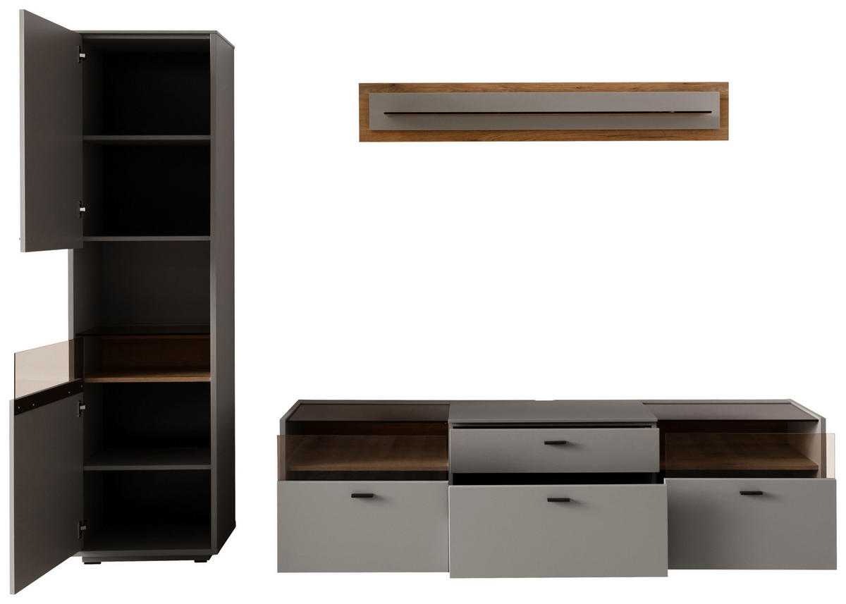 REGAL ZA DNEVNI BORAVAK siva, boje hrasta   - siva/boje hrasta, Moderno, staklo/drvni materijal (271/200/44cm) - Stylife