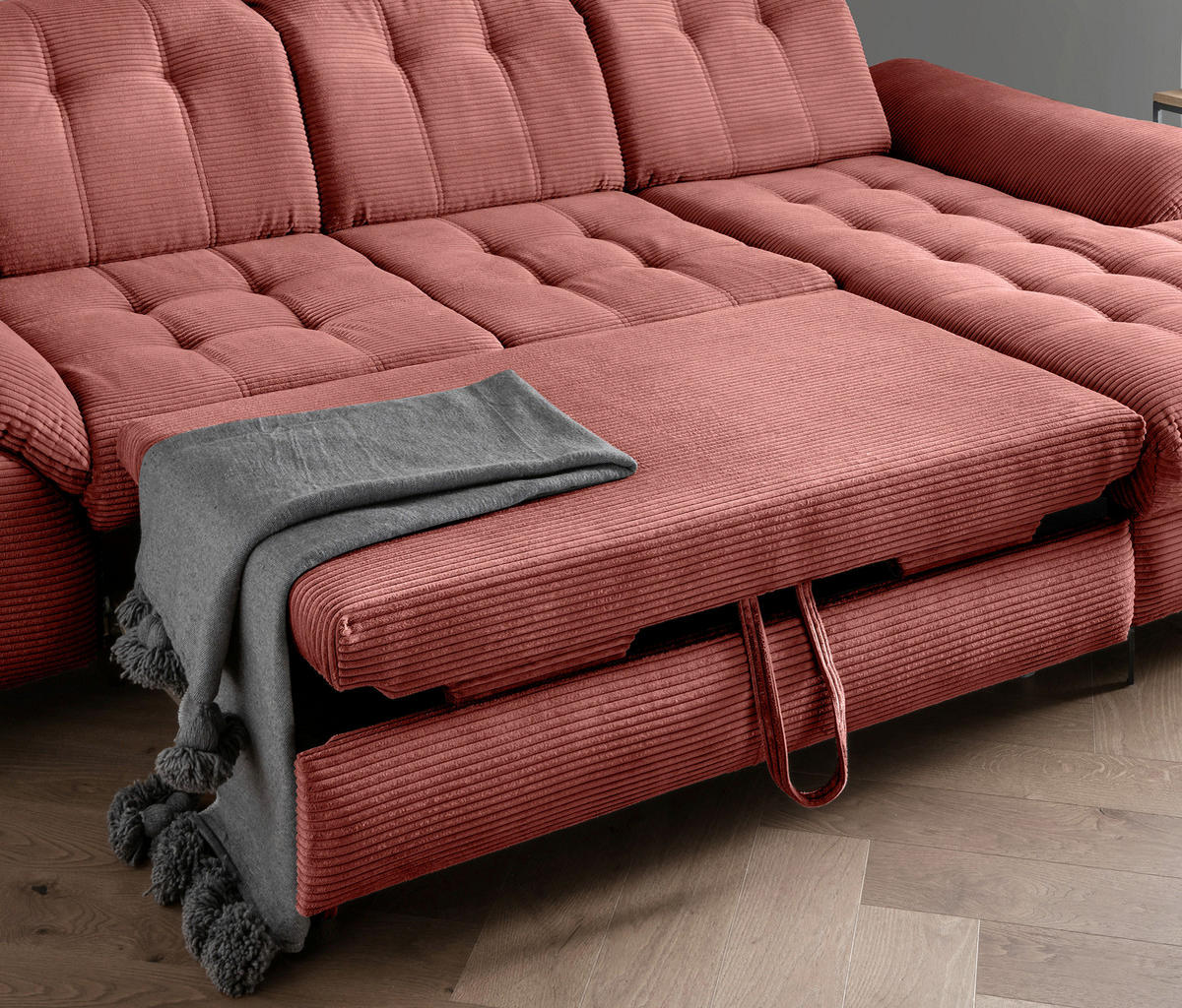 ECKSCHLAFSOFA in Cord Koralle  - Koralle/Schwarz, Modern, Textil/Metall (273/189cm) - Livetastic