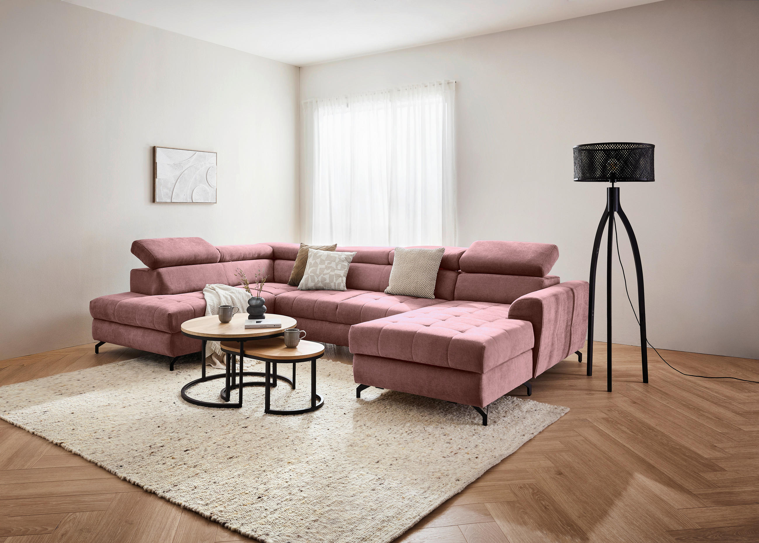 WOHNLANDSCHAFT Rosa Struktur  - Schwarz/Rosa, Design, Textil/Metall (203/327/177cm) - Stylife