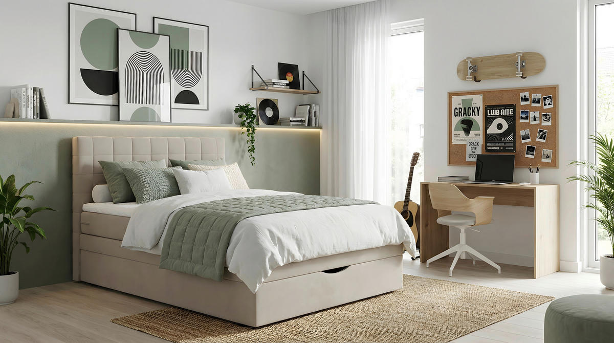 BOXSPRINGBETT 90/200 cm,  in Beige  - Beige/Schwarz, Design, Kunststoff/Textil (90/200cm) - Welnova