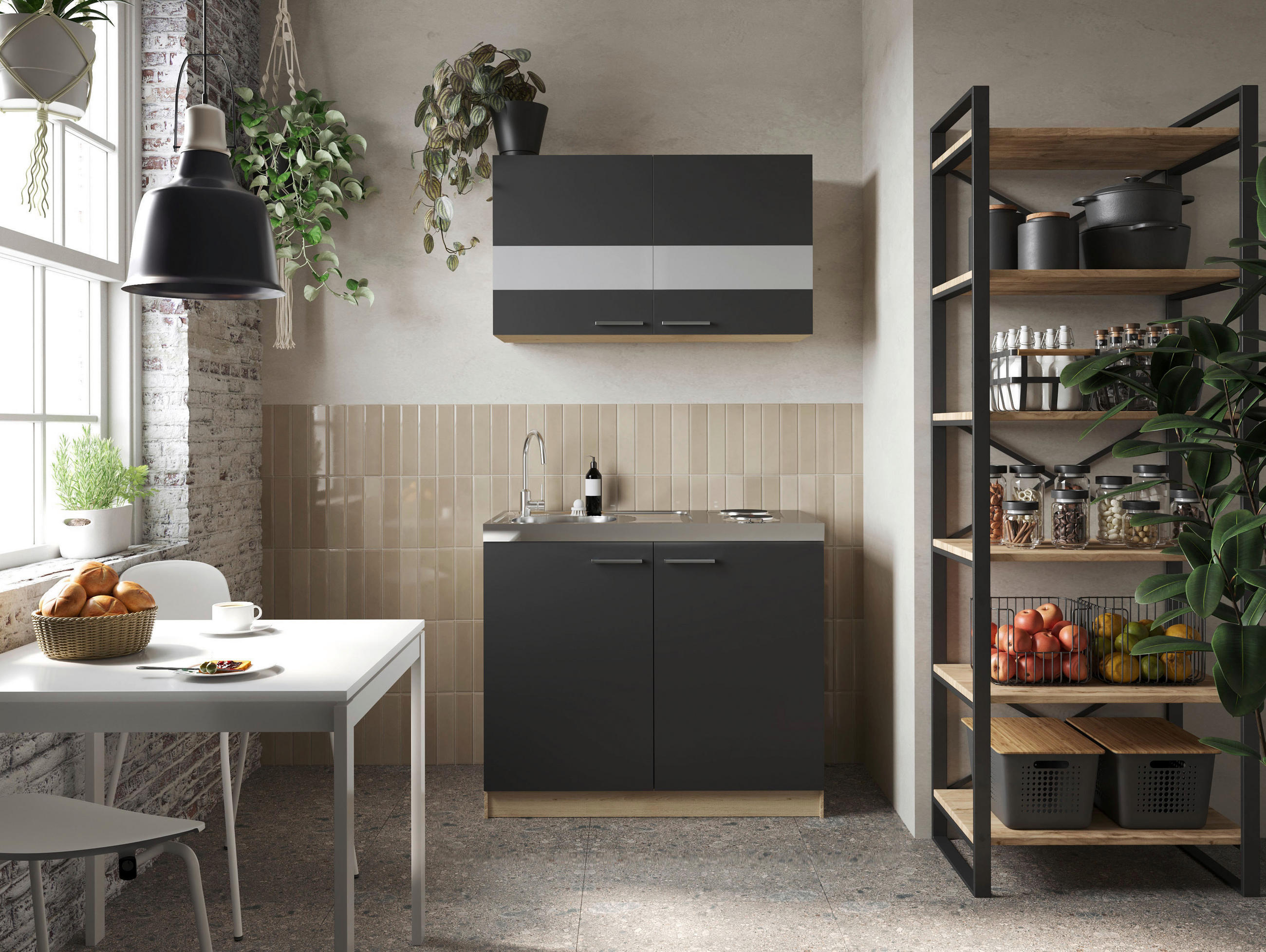 MINIKÜCHE 100 cm   in Schwarz, Eichefarben  - Eichefarben/Silberfarben, Basics, Glas/Holzwerkstoff (100cm) - Respekta