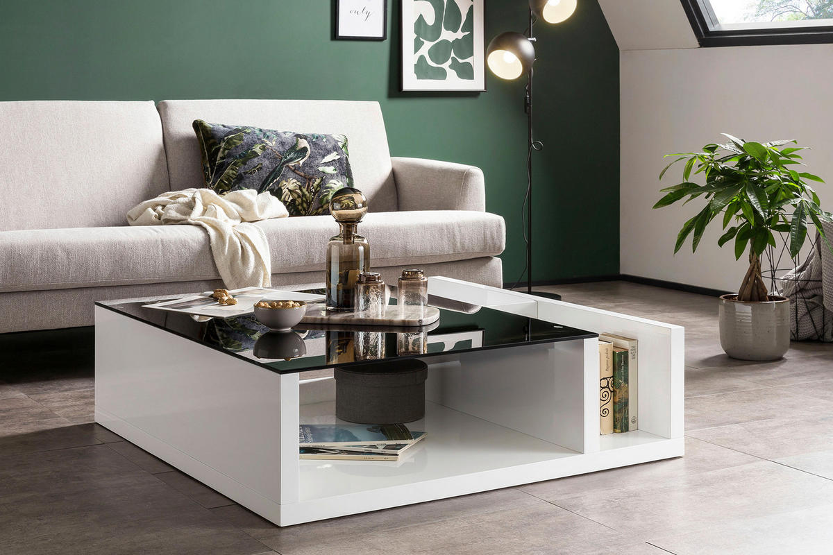 COUCHTISCH in Glas, Holzwerkstoff 100/100/30 cm  - Weiß Hochglanz/Schwarz, Design, Glas/Holzwerkstoff (100/100/30cm) - Livetastic