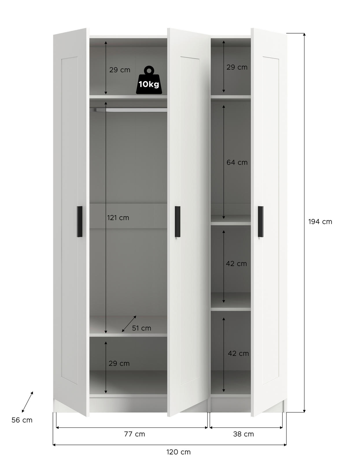 DREHTÜRENSCHRANK 120/195/56 cm,  in Weiß, 3 Tür(en)-türig  - Schwarz/Weiß, ROMANTIK / LANDHAUS, Holzwerkstoff/Kunststoff (120/195/56cm) - Livetastic
