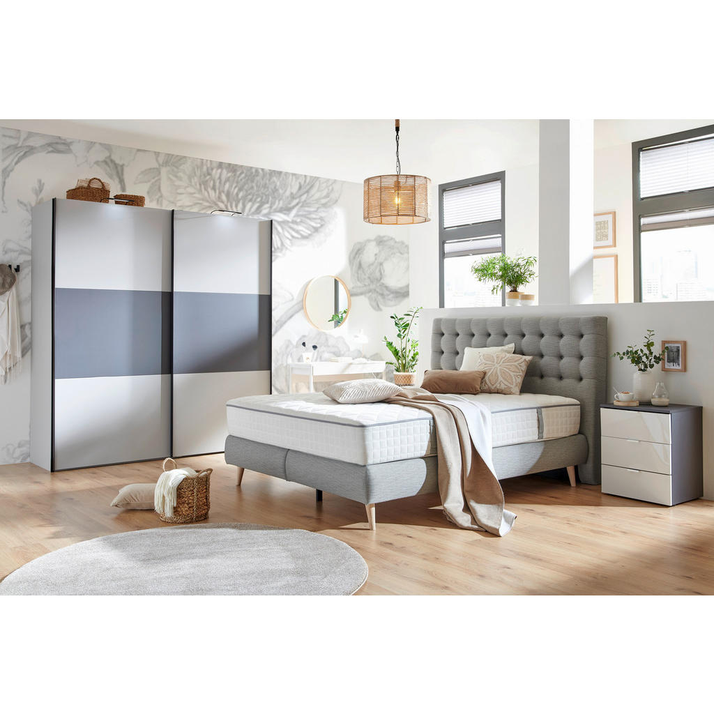 Thumbnail - Welnova Boxspringbett, Hellgrau, Textil, H2, 7-Zonen, Höhe ca. 25 cm, 160x200 cm, gepolstertes Kopfteil, Stoffauswahl, S...