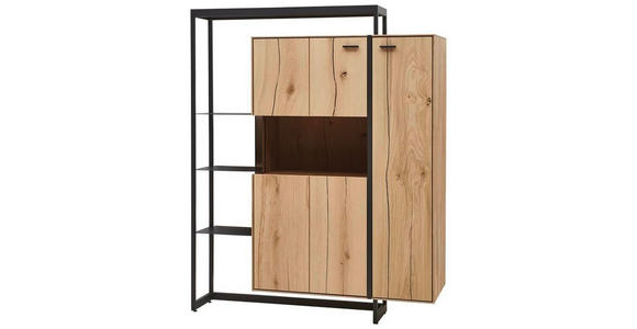 HIGHBOARD Wildeiche, Balkeneiche massiv Eichefarben Einlegeböden  - Eichefarben/Schwarz, Natur, Glas/Holz (129,3/158/41,1cm) - Valnatura