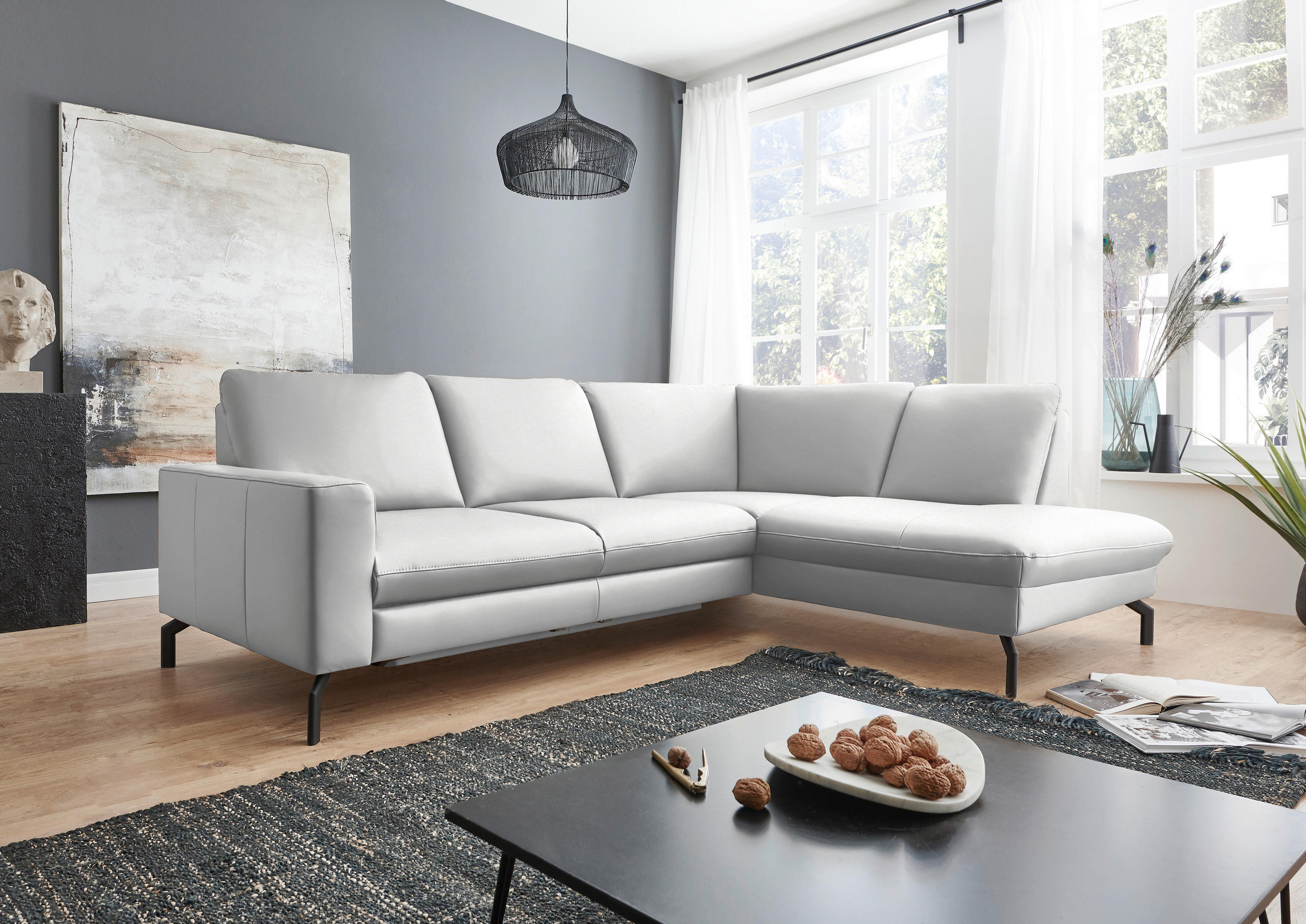 ECKSOFA in Echtleder Weiss  - Weiss/Schwarz, Design, Leder/Metall (250/194cm) - Beldomo Premium