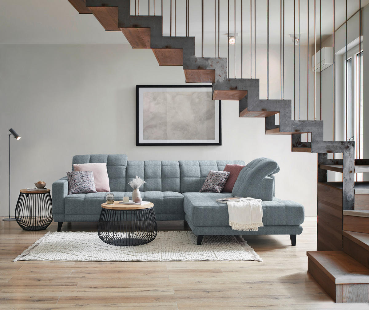 ECKSOFA  in Webstoff Hellblau  302/216 cm  - Schwarz/Hellblau, Design, Holz/Textil (302/216cm) - Xora