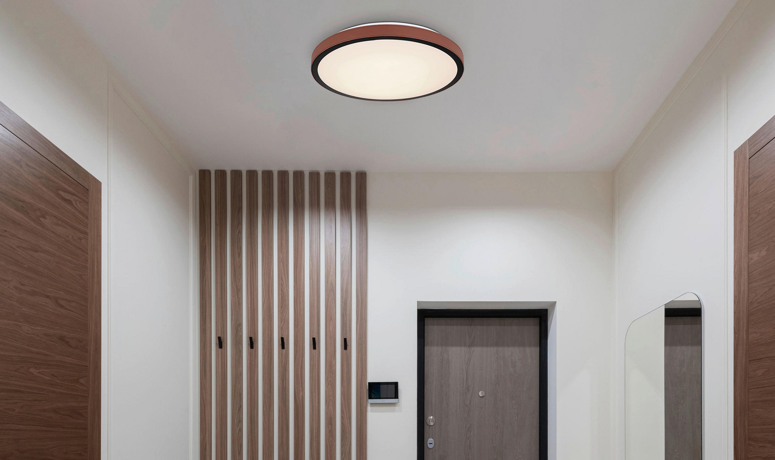 LED-DECKENLEUCHTE 24 W  42/9,5 cm    - Weiss/Dunkelbraun, Konventionell, Leder/Kunststoff (42/9,5cm) - Globo