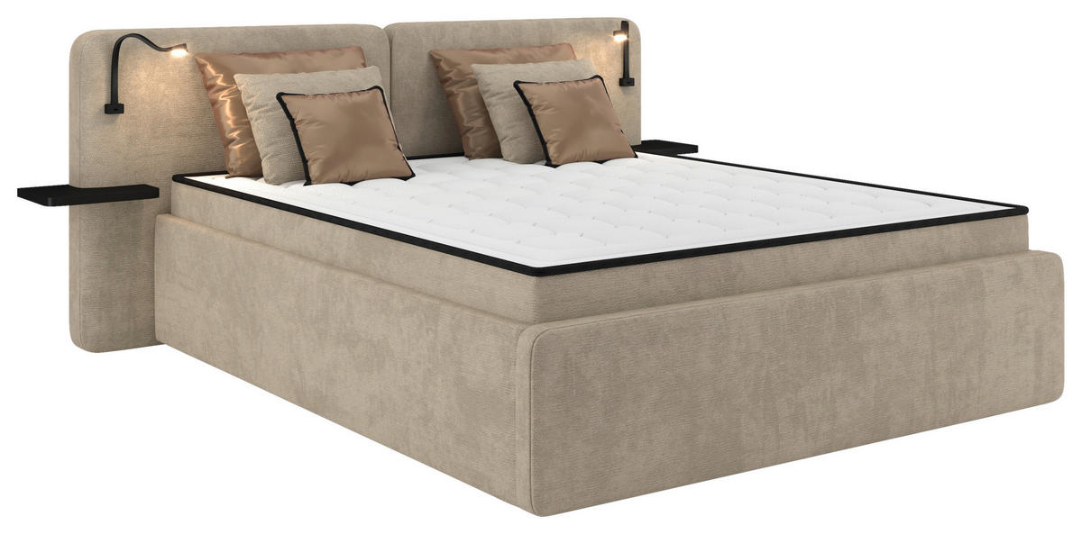 POLSTERBETT 180/200 cm,  in Beige, gepolstertes Kopfteil, Beleuchtung, Lattenrost, H2 + H3 = mittel + fest  - Beige/Schwarz, MODERN, Kunststoff/Textil (180/200cm) - Chameo
