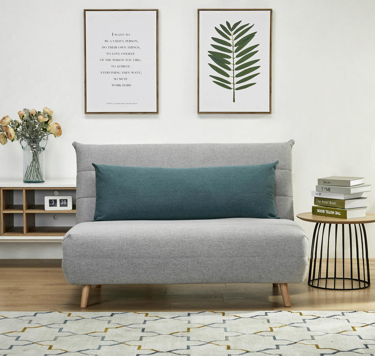 SCHLAFSOFA Webstoff Grau  - Blau/Naturfarben, MODERN, Holz/Kunststoff (125/84/91cm) - Livetastic