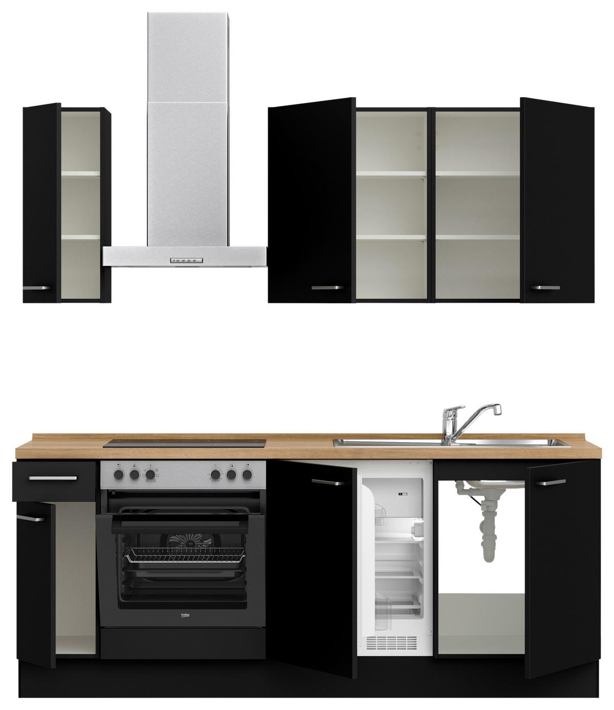 KÜCHENLEERBLOCK 210 cm   in Schwarz, Eichefarben  - Edelstahlfarben/Eichefarben, MODERN, Holzwerkstoff/Metall (210cm) - Nobilia