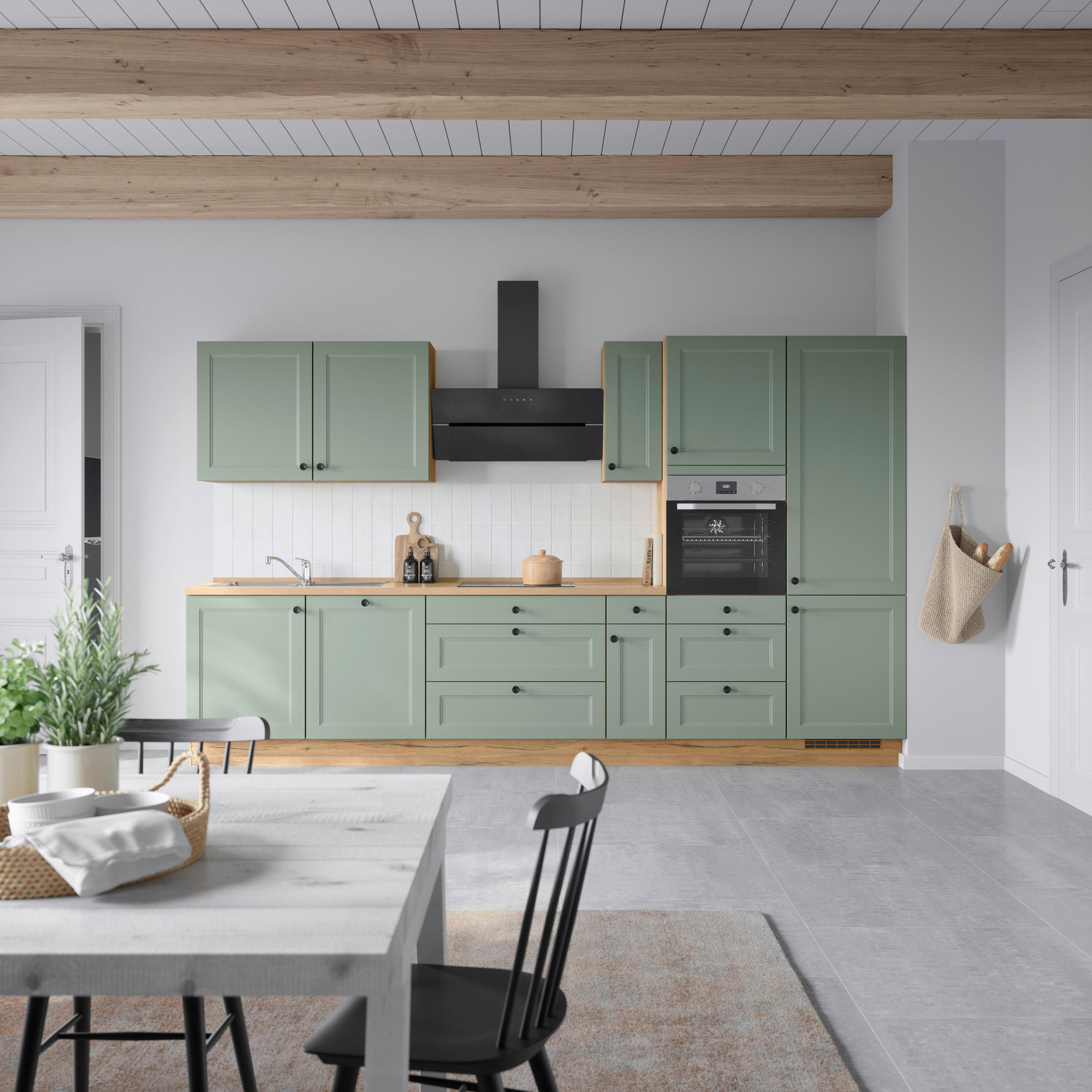 KÜCHENBLOCK 360 cm   in Eichefarben, Schilfgrün  - Schilfgrün/Eichefarben, MODERN, Holzwerkstoff/Metall (360cm) - Nobilia