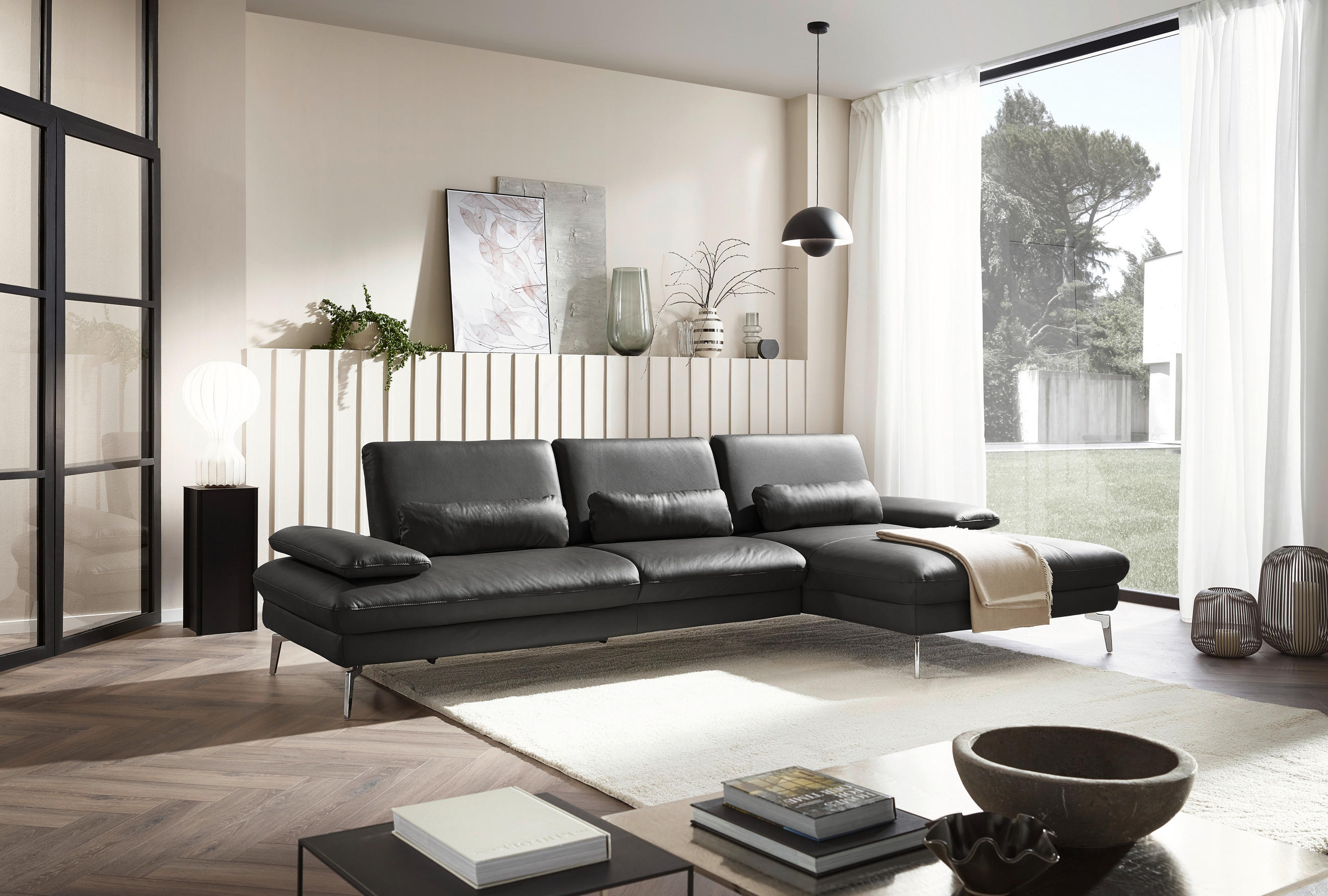 ECKSOFA Anthrazit Echtleder  - Chromfarben/Anthrazit, Design, Leder/Metall (325/157cm) - Dieter Knoll