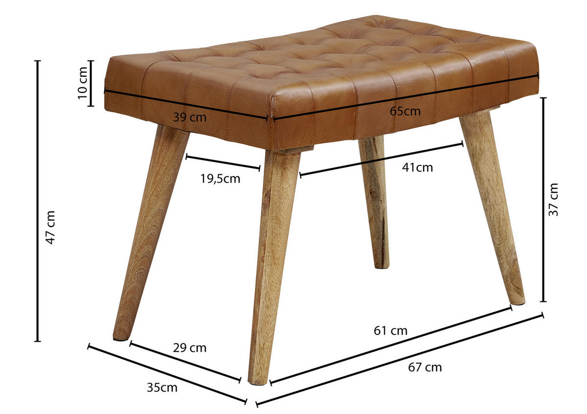 HOCKER in Leder Braun  - Braun, Natur, Leder/Holz (67/47/39cm) - MID.YOU