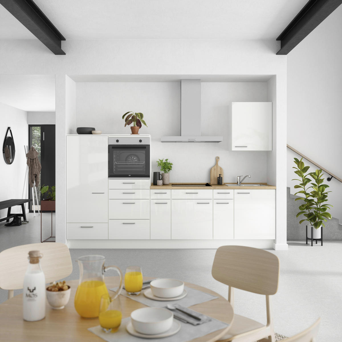 KÜCHENLEERBLOCK 300 cm   in Eichefarben, Weiß Hochglanz  - Edelstahlfarben/Eichefarben, MODERN, Holzwerkstoff/Metall (300cm) - Nobilia