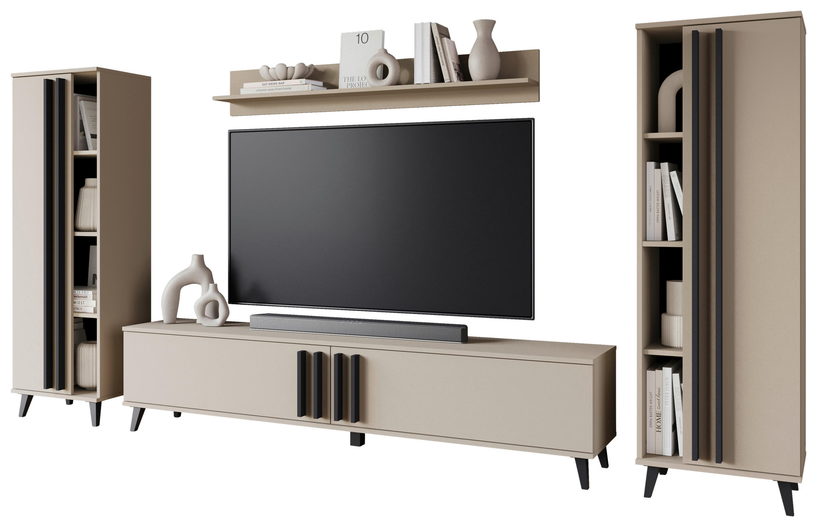 WOHNWAND 4-teilig in Beige 270/140/33 cm - Beige/Schwarz, Trend, Holzwerkstoff/Kunststoff (270/140/33cm)