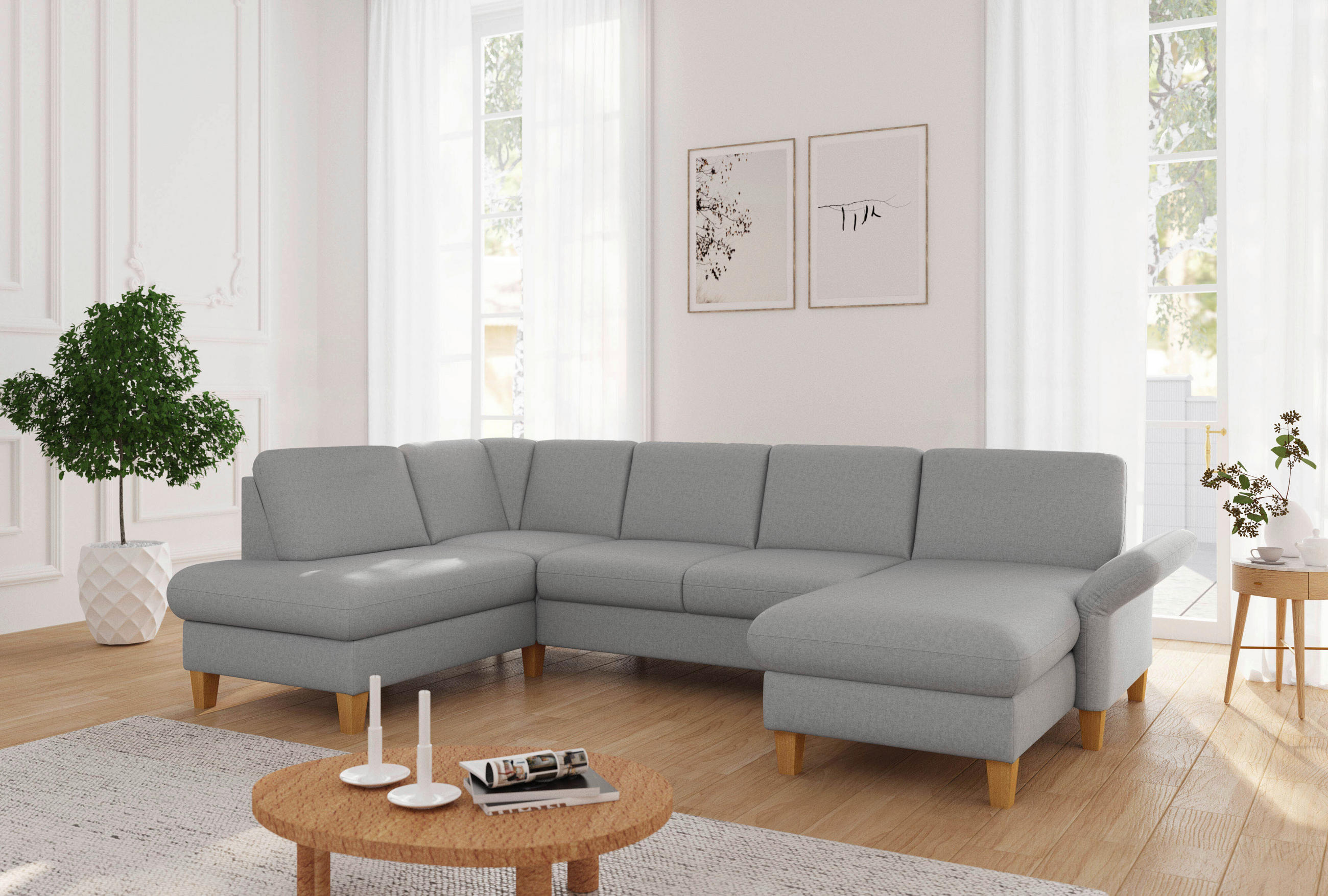 WOHNLANDSCHAFT Hellgrau Flachgewebe  - Eichefarben/Hellgrau, KONVENTIONELL, Holz/Textil (195/314/164cm) - Sit & More