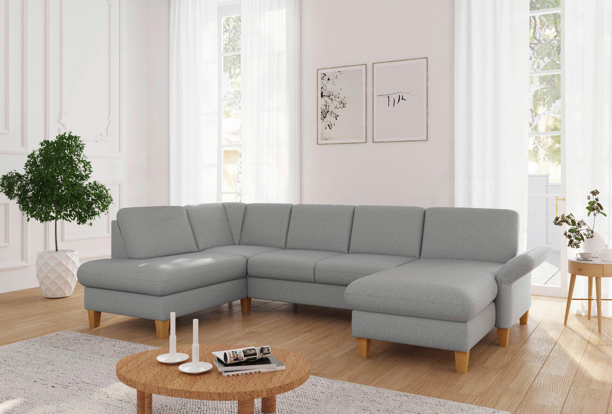 WOHNLANDSCHAFT Hellgrau Flachgewebe  - Eichefarben/Hellgrau, KONVENTIONELL, Holz/Textil (195/314/164cm) - Sit & More