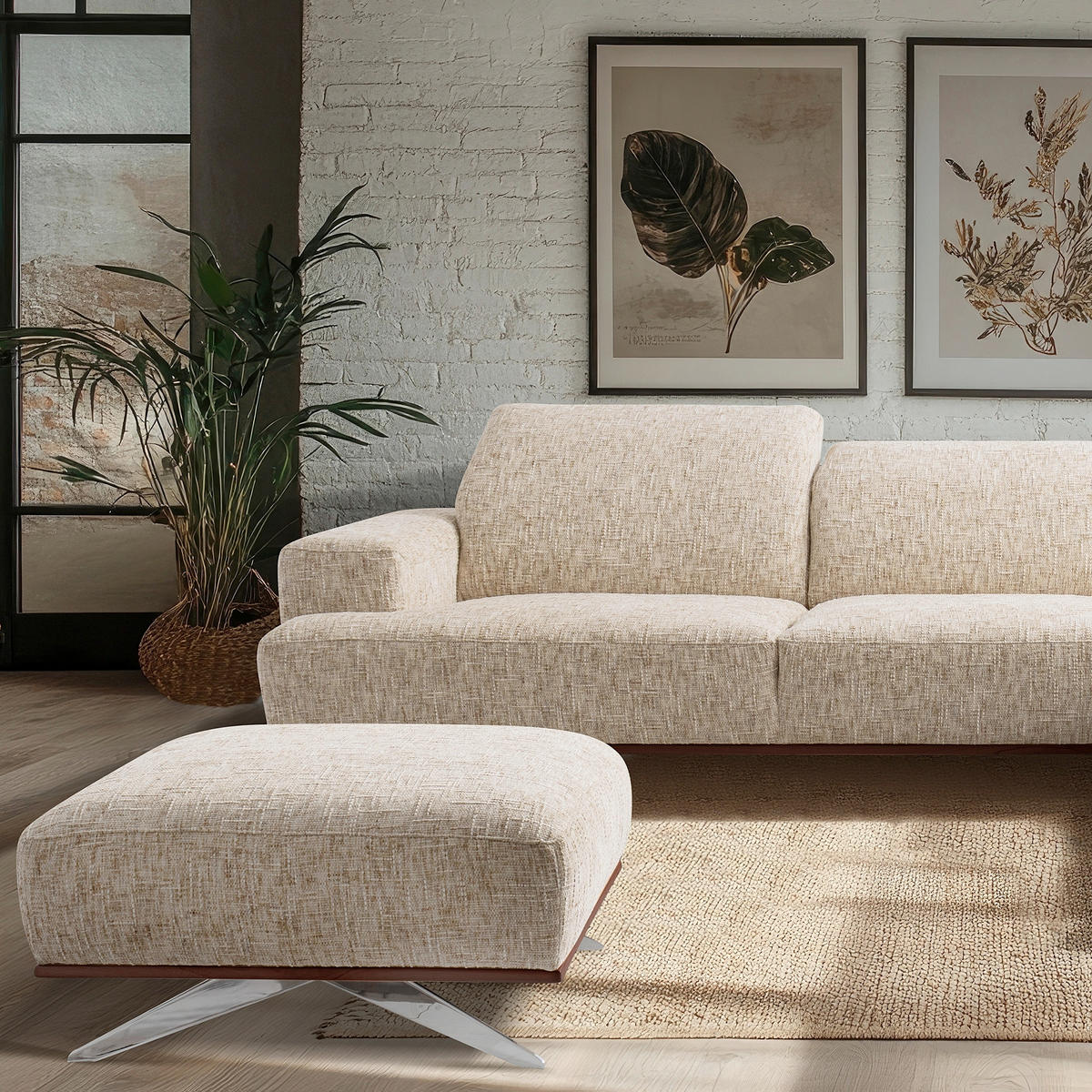 HOCKER in Textil Beige  - Chromfarben/Dunkelbraun, Design, Holz/Textil (95/46/80cm) - Livetastic