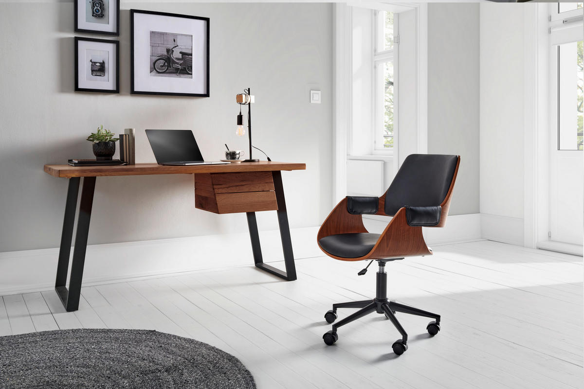 DREHSTUHL Lederlook Schwarz, Walnussfarben  - Walnussfarben/Schwarz, MODERN, Holz/Kunststoff (54/81-91/59cm) - Livetastic