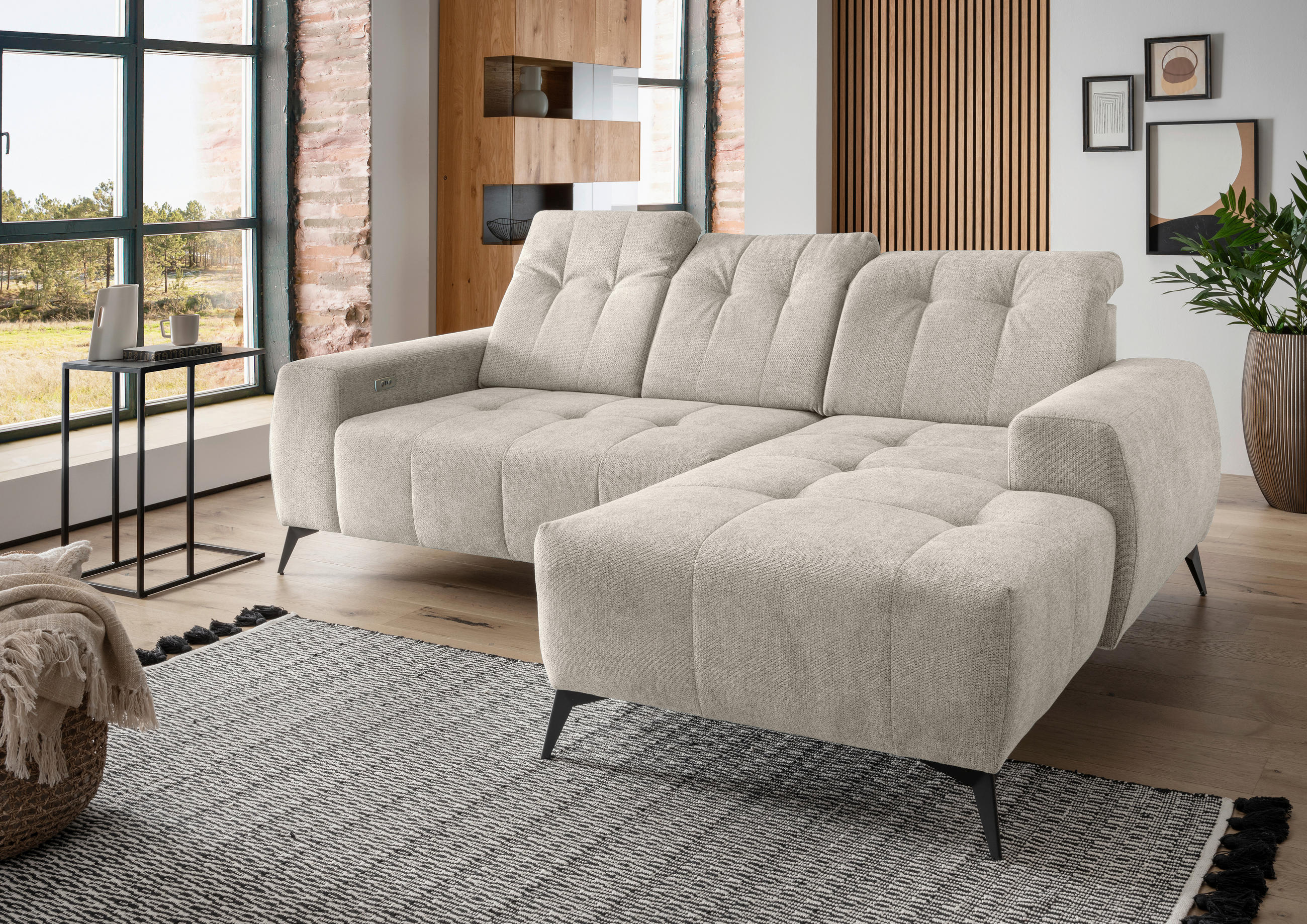 ECKSOFA in Chenille Beige  - Beige/Schwarz, Modern, Textil/Metall (258/180cm) - Livetastic