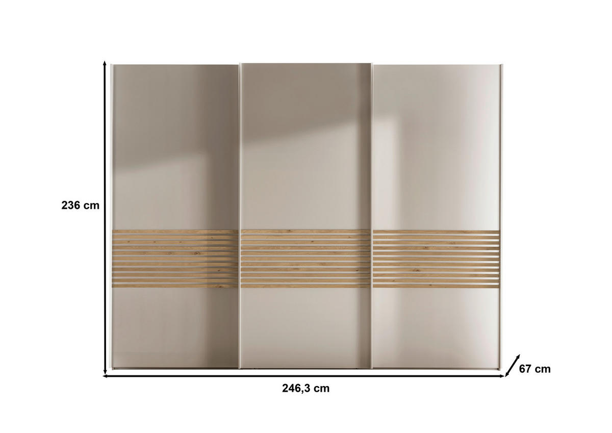 SCHWEBETÜRENSCHRANK in Champagner, Eiche Bianco  - Eiche Bianco/Champagner, Design, Holzwerkstoff/Metall (250/236/67cm) - Novel