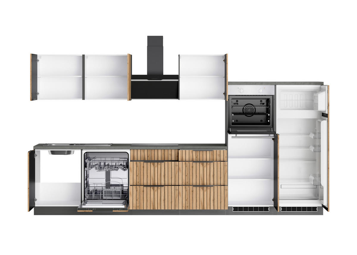 KÜCHENBLOCK 360 cm   Graphitfarben, Eiche Wotan  - Schieferfarben/Eiche Wotan, Basics, Holzwerkstoff/Metall (360cm) - Held