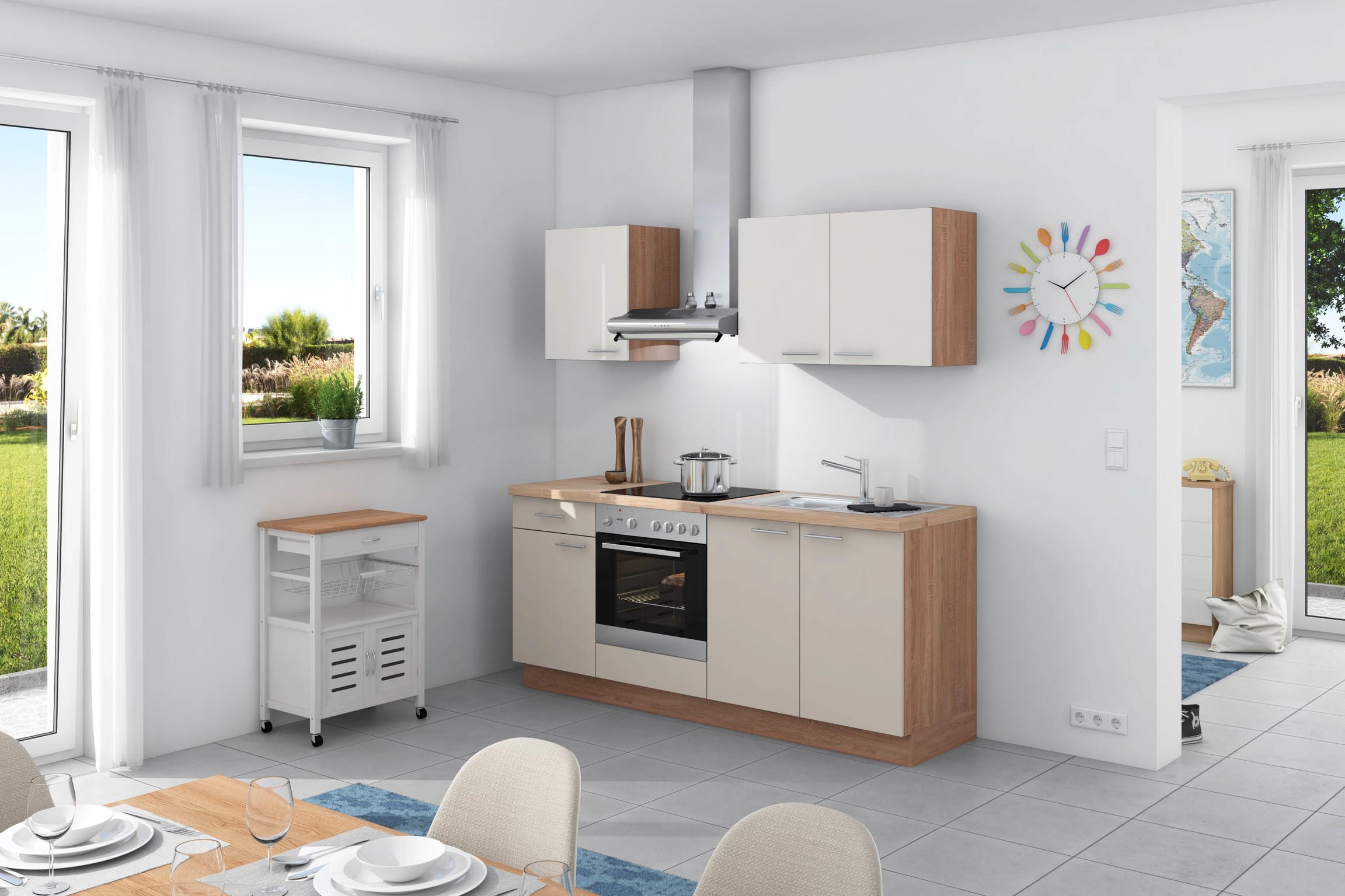 Küchenzeile Base ohne Geräte 200 cm Weiß/Creme