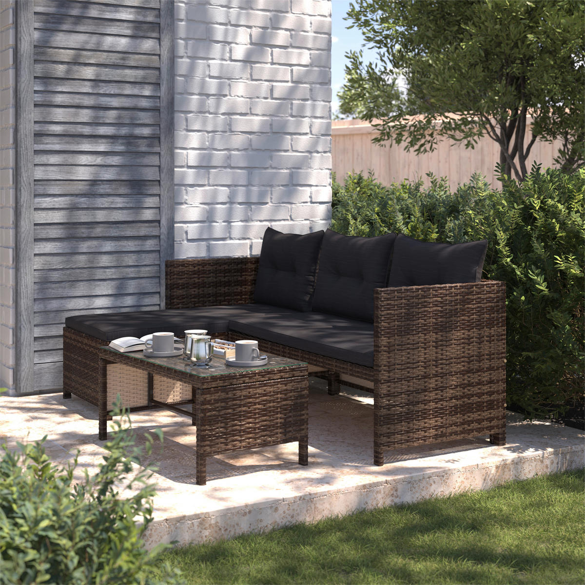 LOUNGEGARNITUR  120/179 cm  Stahl  - Dunkelgrau/Dunkelbraun, MODERN, Glas/Kunststoff (120/179cm) - Ambia Garden