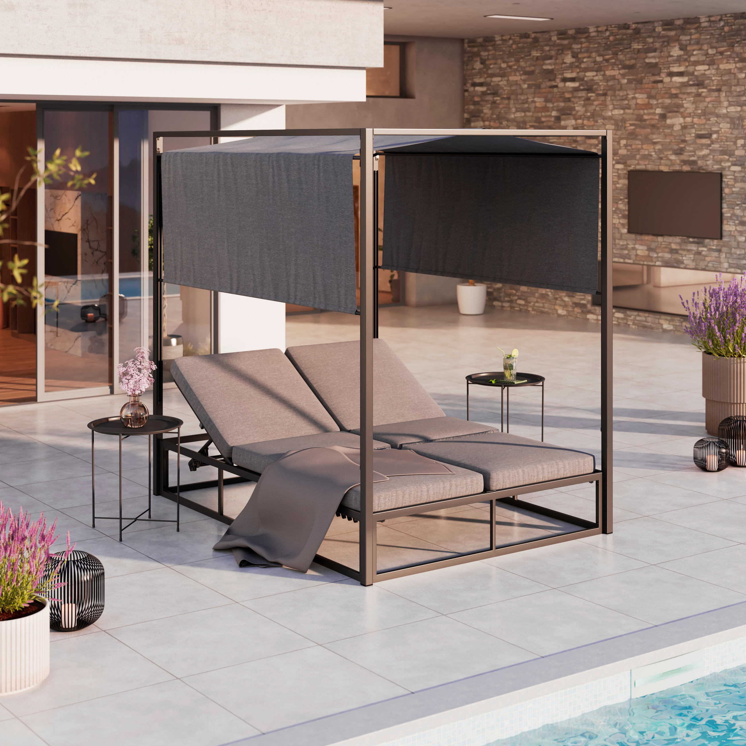PAT DE GRĂDINĂ CU BALDACHIN 200/196/148 cm  - gri închis, Modern, metal/textil (200/196/148cm) - Beldano