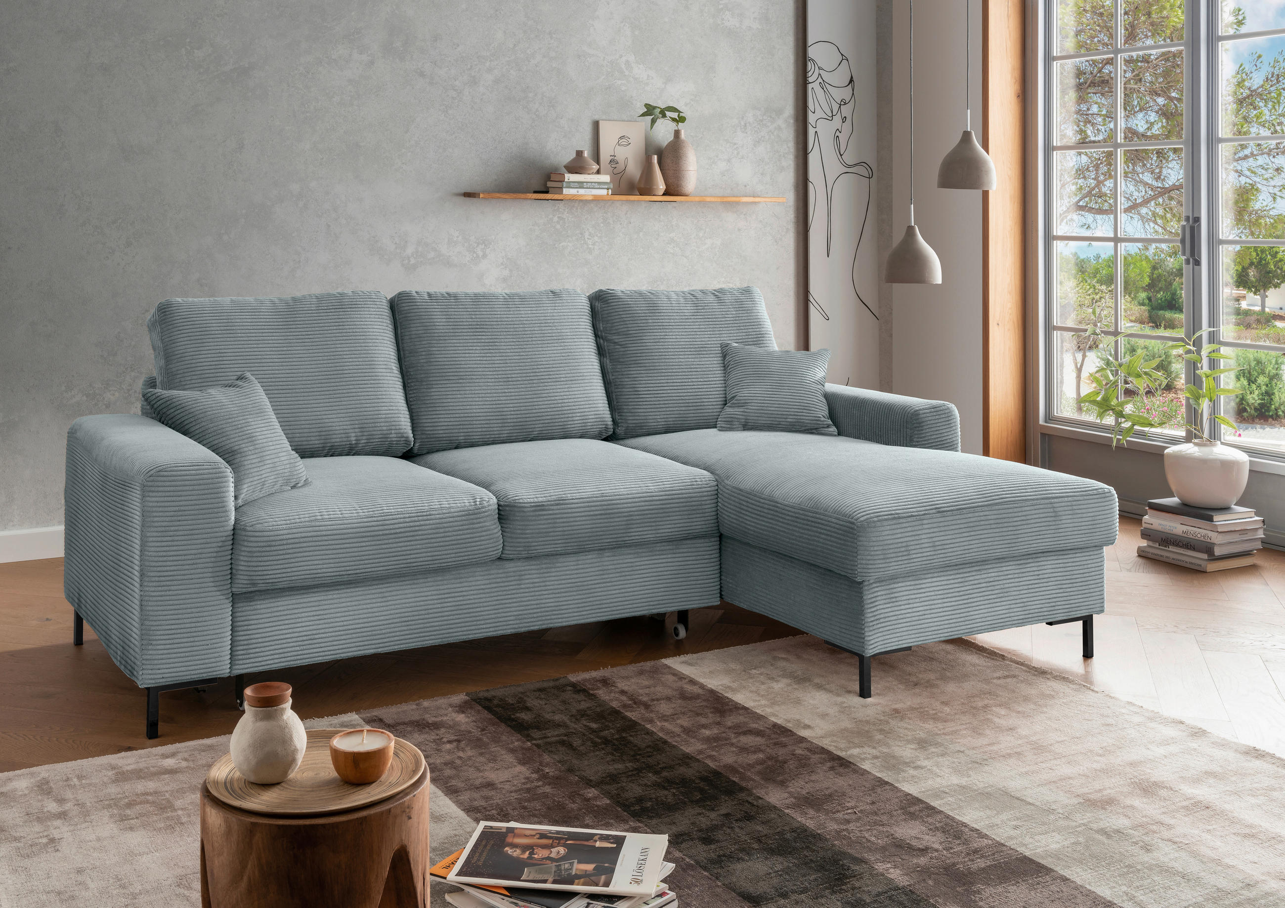 ECKSCHLAFSOFA  mit Liegefunktion, Rücken echt Cord Hellblau  - Schwarz/Hellblau, KONVENTIONELL, Textil/Metall (237/143cm) - Livetastic