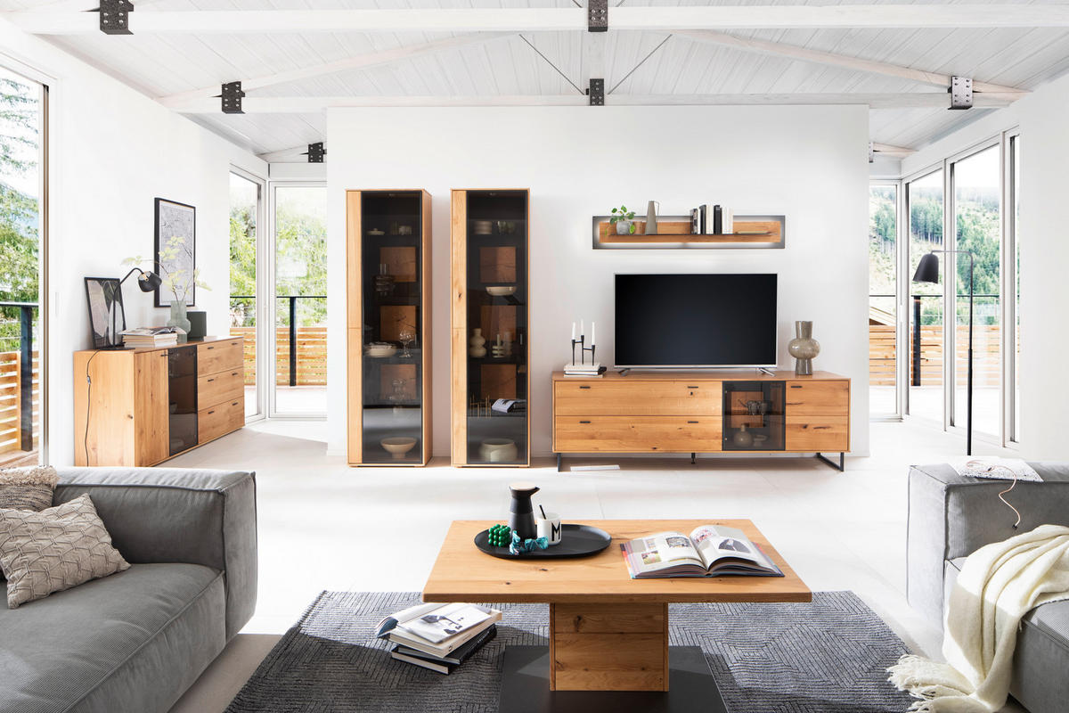 WOHNWAND  in Wildeiche  359/206/50 cm  - Wildeiche/Schwarz, Design, Glas/Holz (359/206/50cm) - MID.YOU