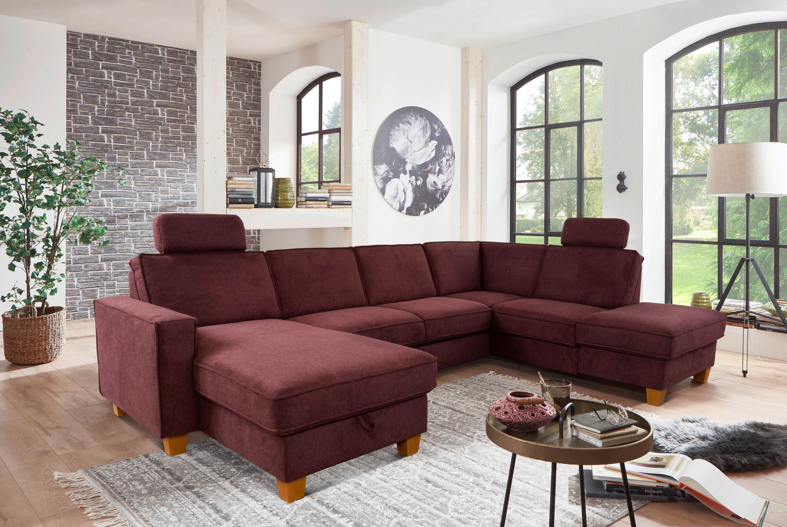 WOHNLANDSCHAFT Dunkelrot Flachgewebe  - Eichefarben/Dunkelrot, KONVENTIONELL, Holz/Textil (161/309/213cm) - Sit & More